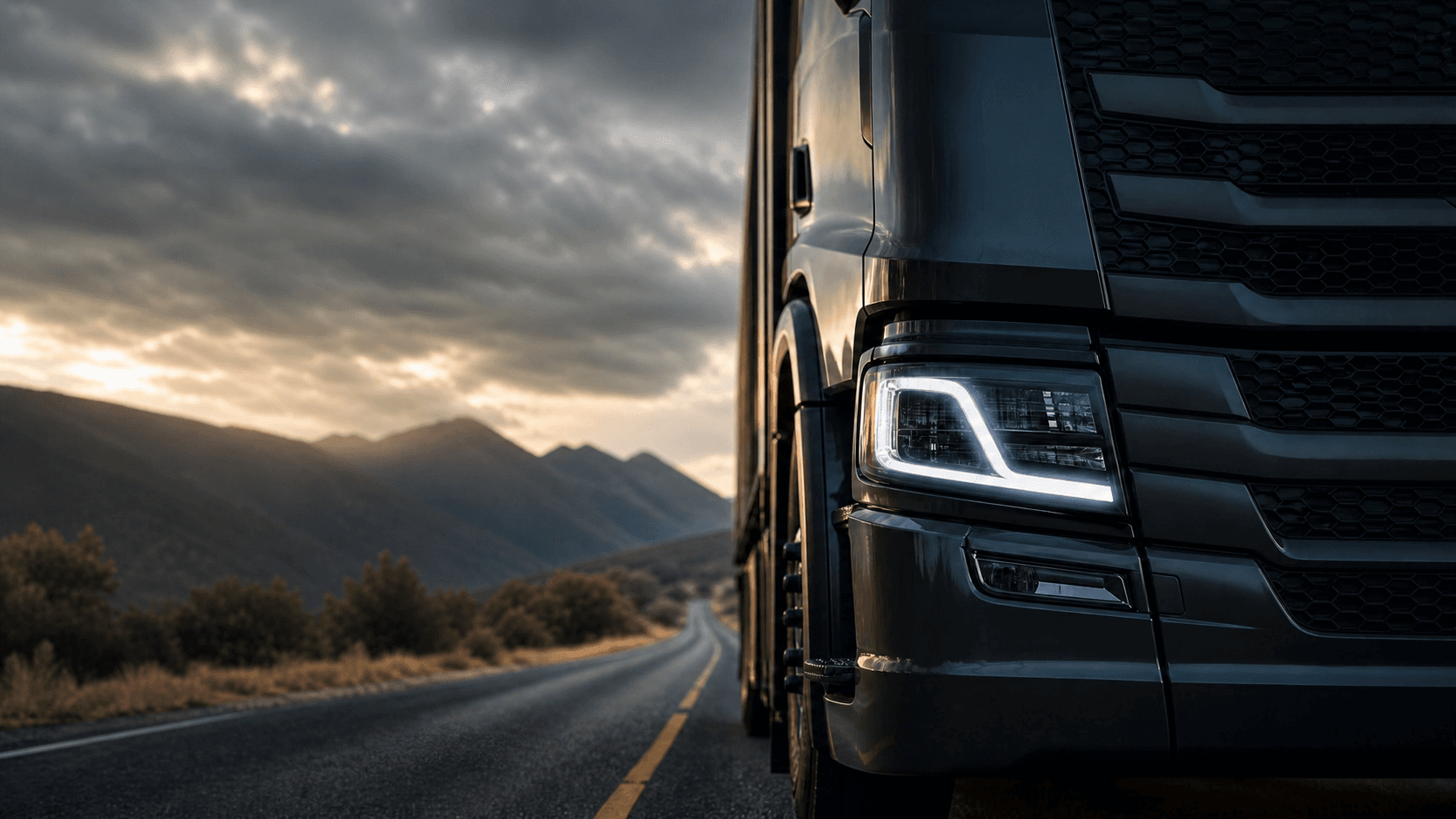 Heavy transport truck on a mountain pass at sunset